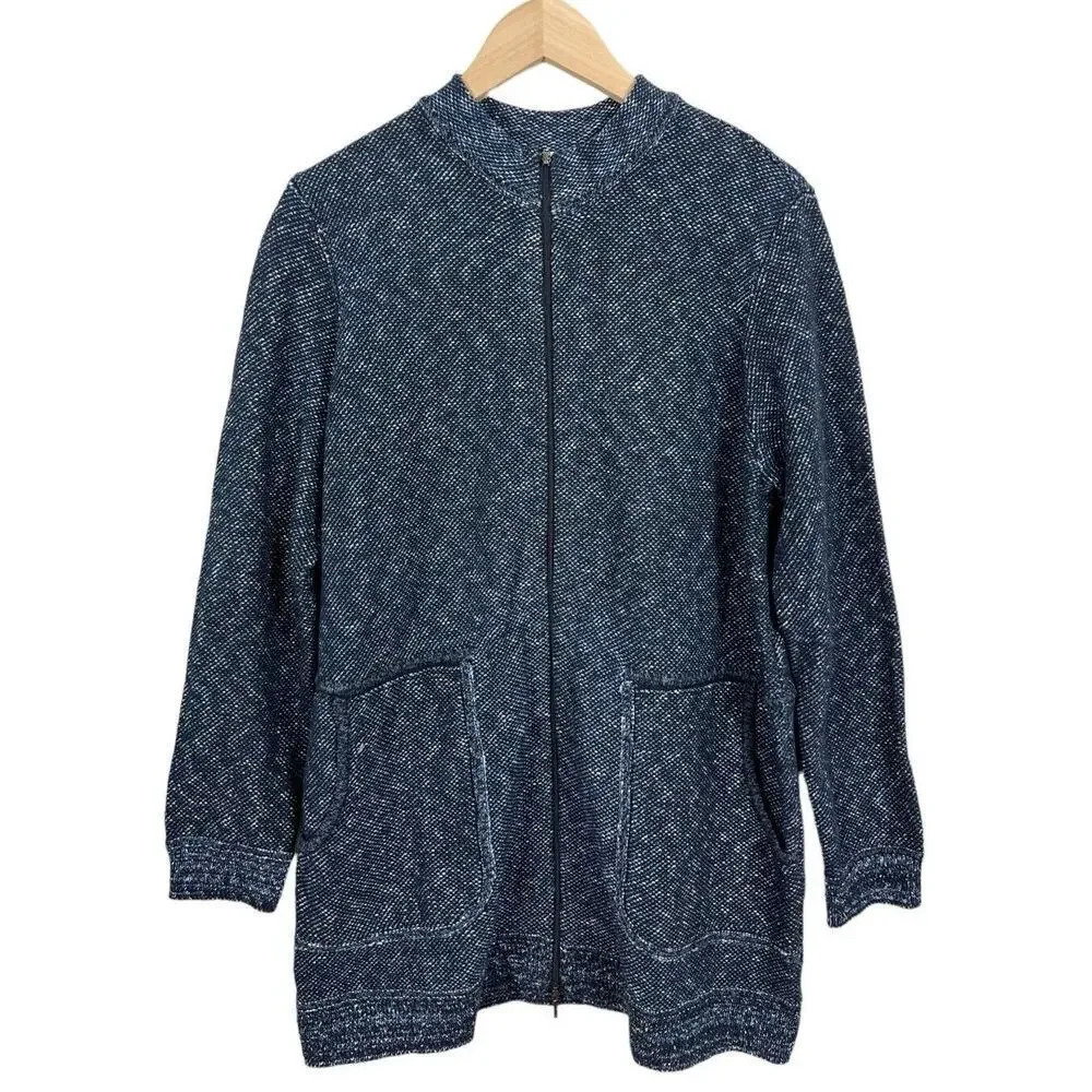 Pure Jill Double Zip Blue Knit Sweater Jacket Size Medium Cotton Blend Women’s